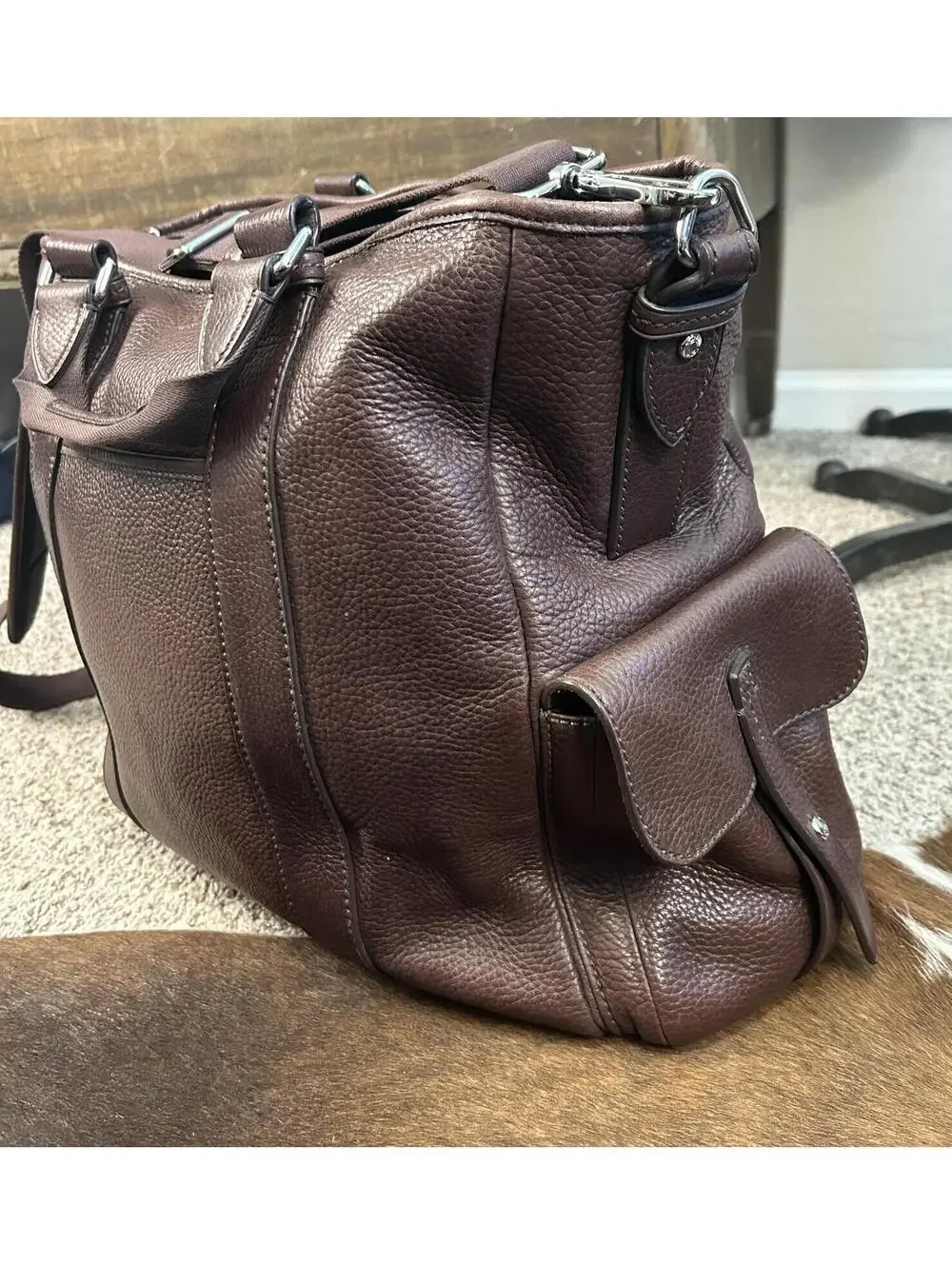 TUMI Brown Pebbled Leather Tote Shoulder Bag with Adjustable Strap